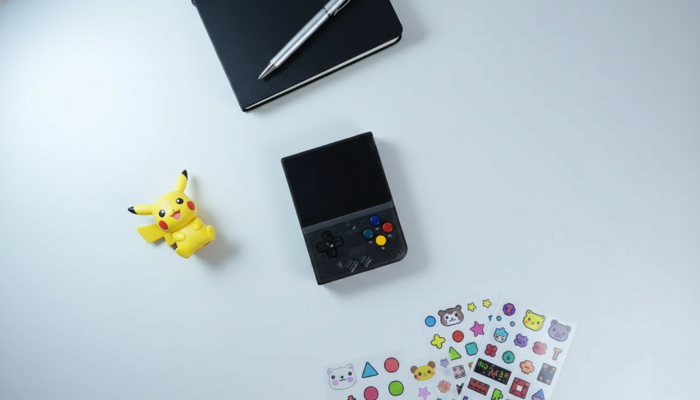 Miyoo Mini Plus máy chơi game retro cầm tay đặt trên bàn trắng cùng figure và sticker