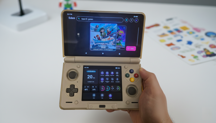 Hai tay cầm máy game Ayn Thor mở ra hiển thị 2 màn hình AMOLED