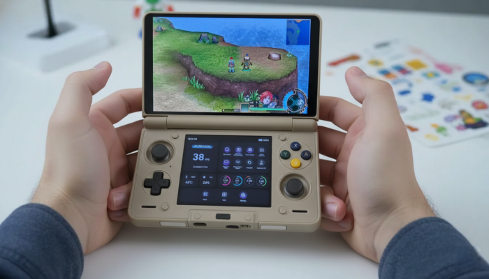 Máy game Ayn Thor đặt trên bàn đang chạy game Pokemon DS màn hình landscape