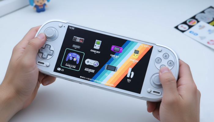 Retroid Pocket 6 màu trắng máy game Android màn hình lớn menu emulator GameCube SNES Wii