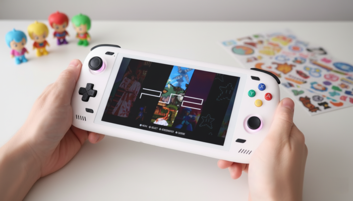 Máy game Ayn Odin 2 đặt trên bàn màn hình đang sáng