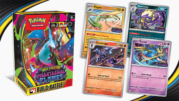Hộp Build & Battle Pokemon TCG Mega Evolution Phantasmal Flames kèm các thẻ bài Flygon, Toxtricity, Ceruledge và Zacian