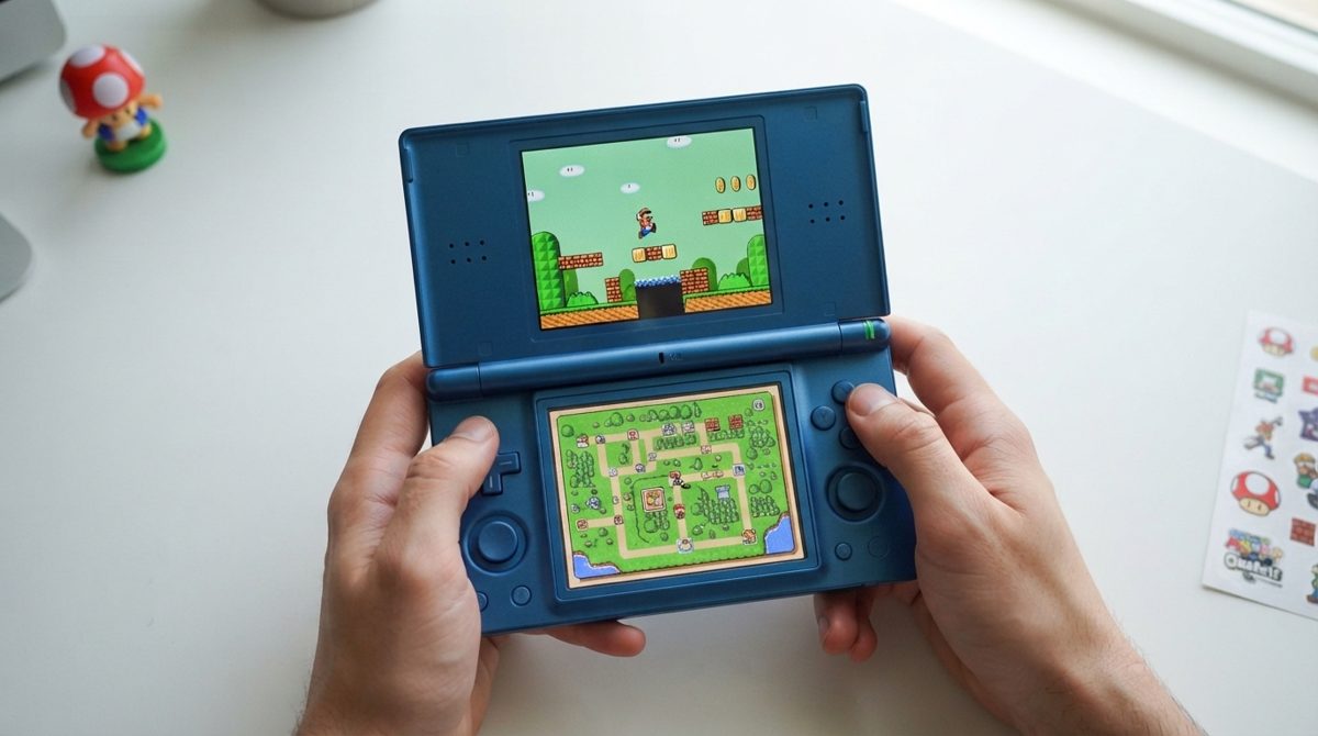 Anbernic RG DS hai màn hình trong tay, màn trên chạy game màn dưới hiện bản đồ