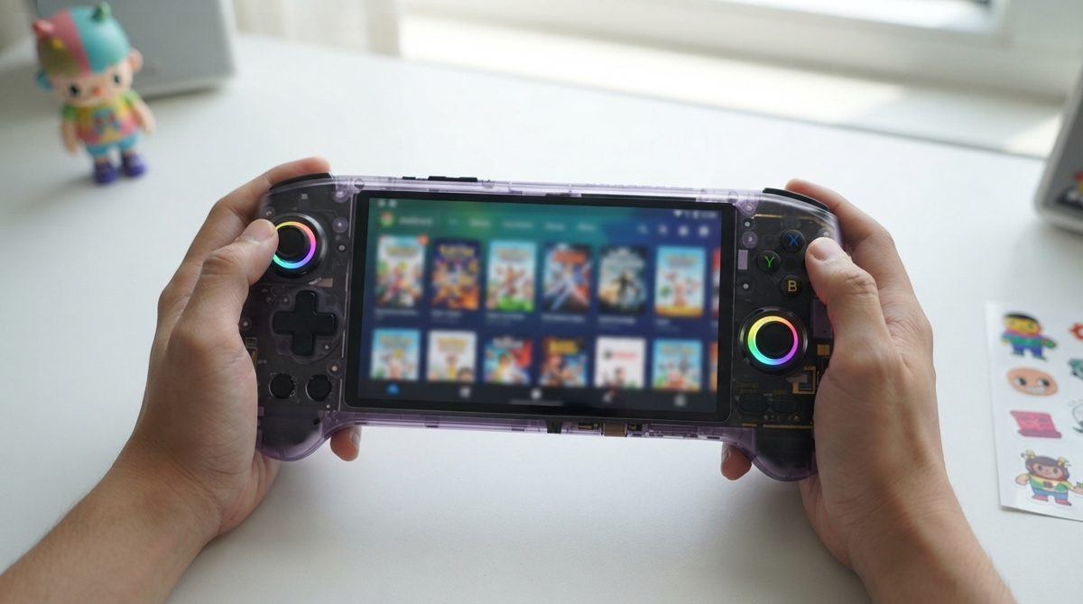 Anbernic RG557 màu tím trong suốt trong tay, màn hình hiện thư viện game Android