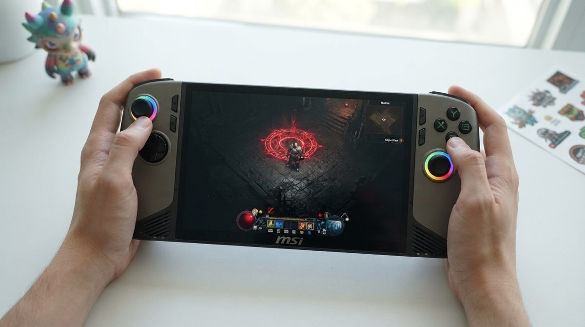 MSI Claw 8 AI+ trong tay nhìn từ trên xuống, màn hình chạy game hành động