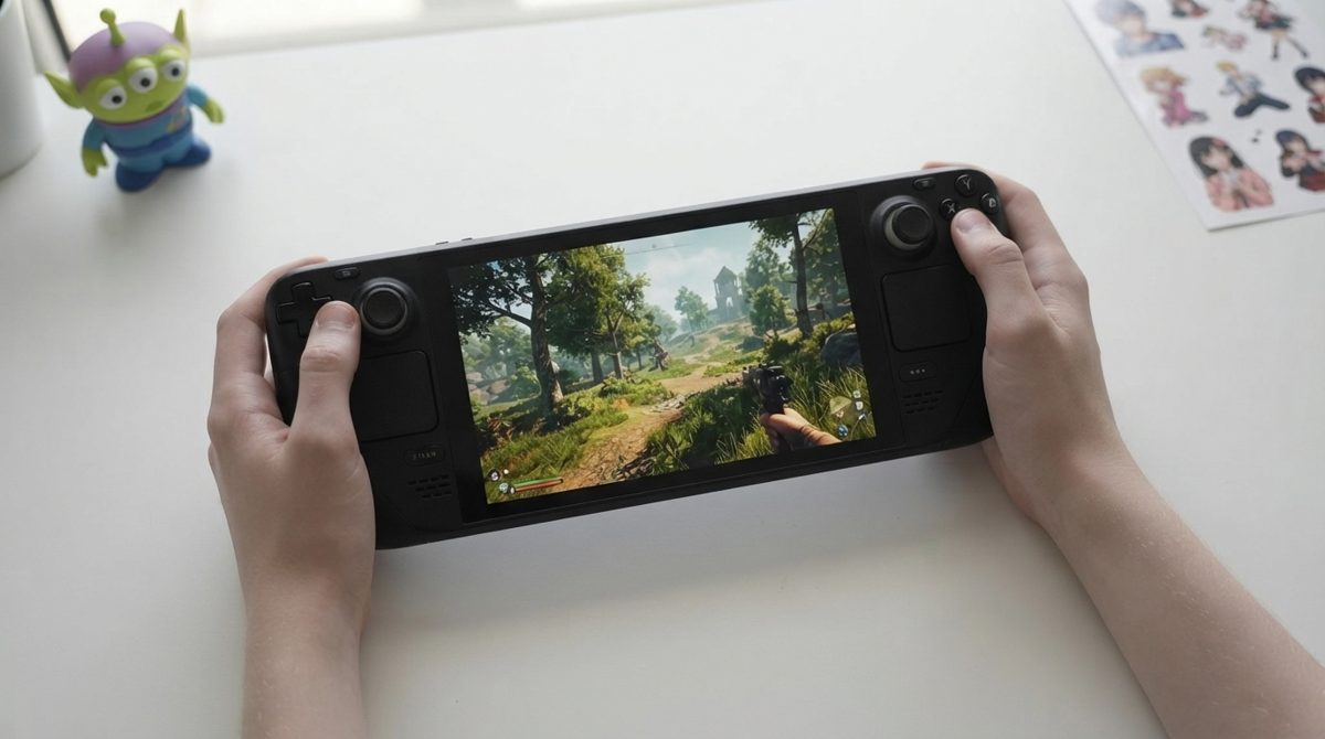 Steam Deck trong tay nhìn từ trên xuống, màn hình chạy game 3D, minh họa PC handheld gaming