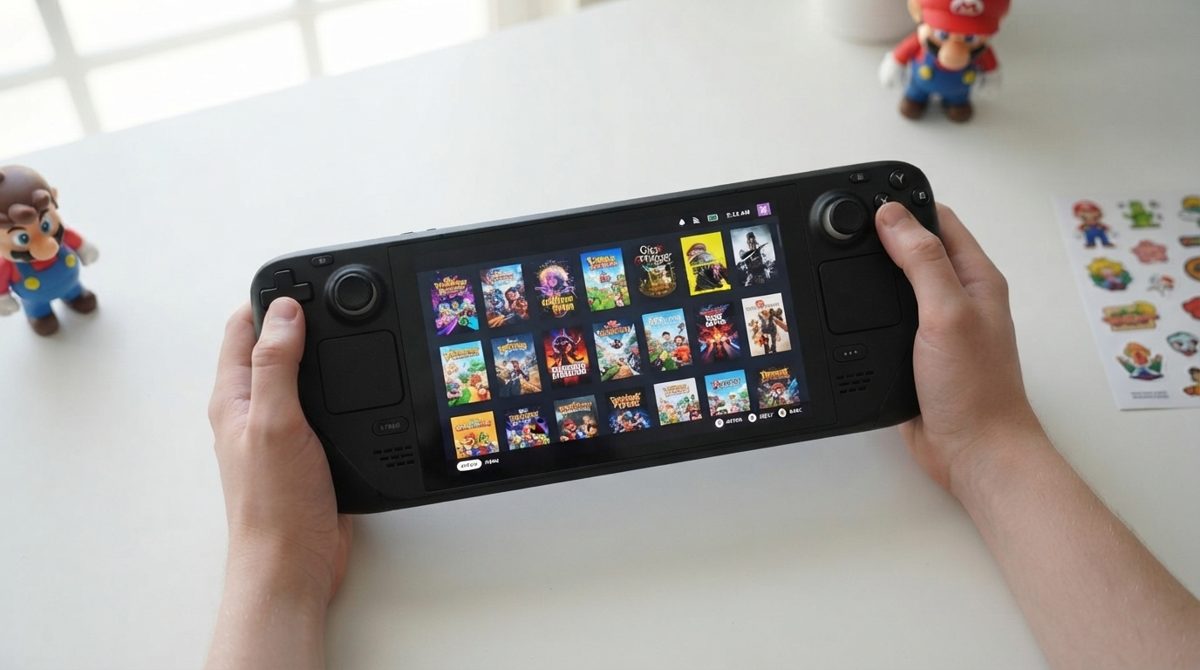 Steam Deck OLED trong tay nhìn từ trên xuống, màn hình hiện thư viện game